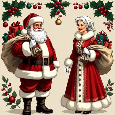 Santa Claus and Mrs. Claus with gifts