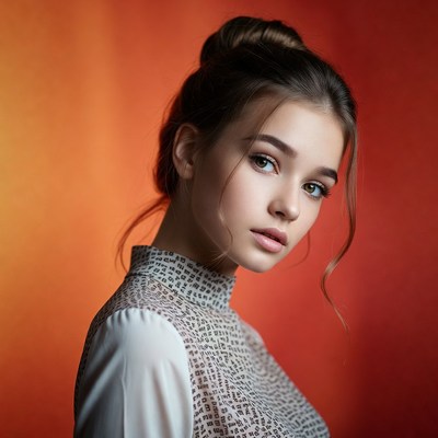 Young woman in white blouse on orange background