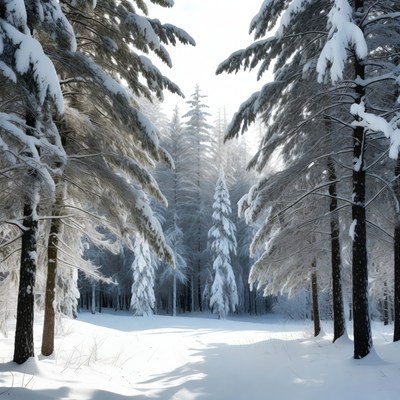 Snowy Trees in Sunlit Forest Path