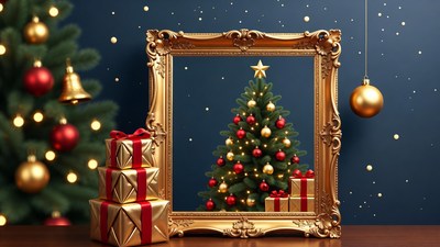 Gold Frame with Christmas Tree and Gifts