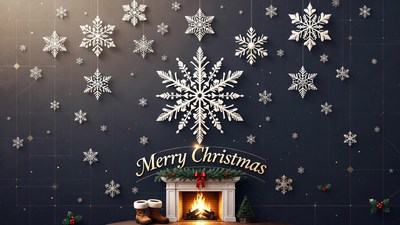 Merry Christmas Fireplace with Snowflakes