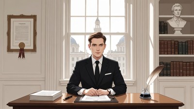 Man at desk with quill pen