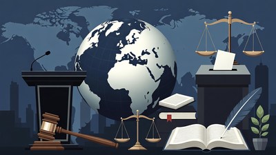 Justice Scales Globe Ballot Box Podium