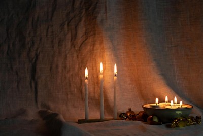 Four Candles and Bowl on Fabric