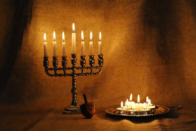 Lit Hanukkah Menorah with Dreidel