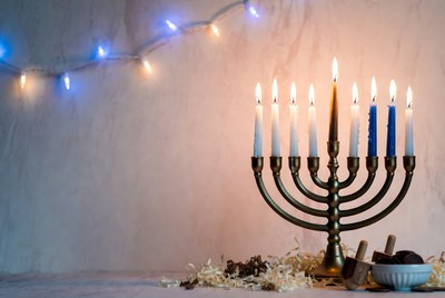 Lit Hanukkah Menorah with Candles