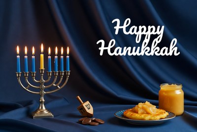 Happy Hanukkah Menorah with Latkes