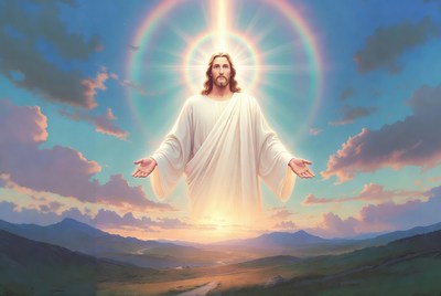 Jesus Christ with halo in sunset mountains