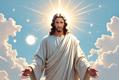 Jesus Christ with halo in clouds