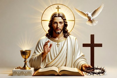 Jesus Christ with Bible and Dove
