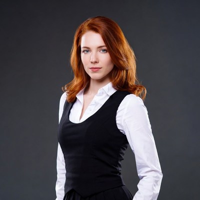 Redhead woman in black vest and white shirt
