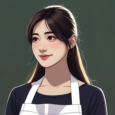 Asian woman wearing white apron