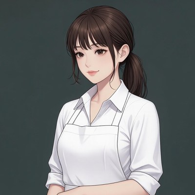 Asian woman in white apron