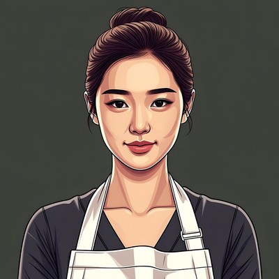 Asian woman wearing white apron