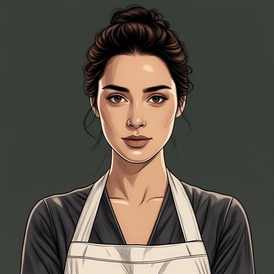 Asian woman wearing white apron