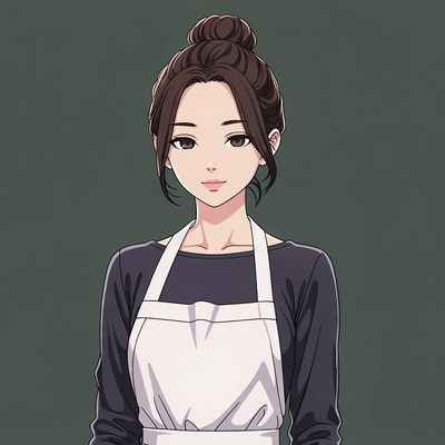 Anime woman wearing white apron
