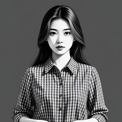 Asian woman in plaid shirt portrait
