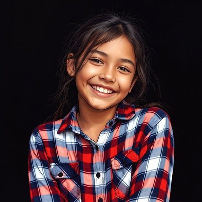 Smiling Asian girl in plaid shirt