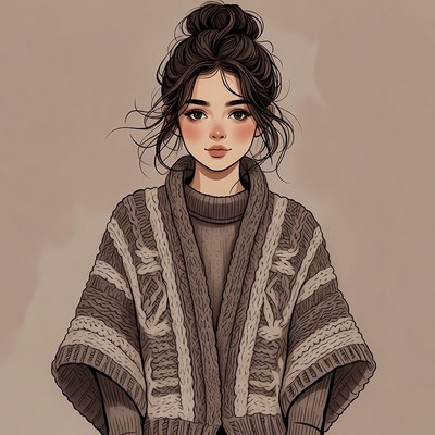 Woman in knitted sweater with bun hairstyle