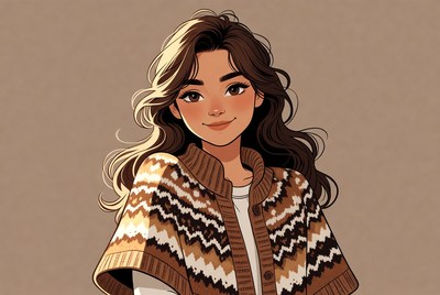 Smiling woman in knitted poncho