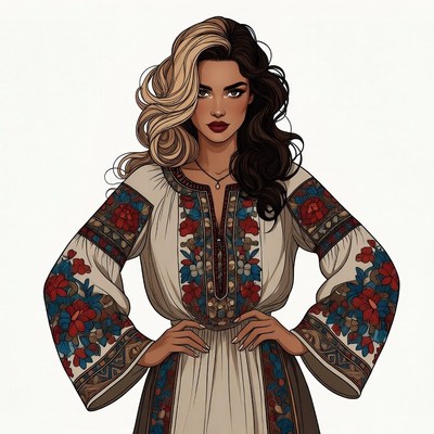 Woman with split black blonde hair in embroidered dress