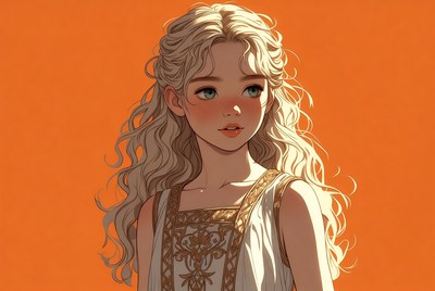 Blonde girl in white dress on orange background
