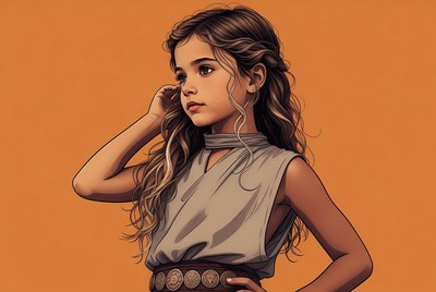 Girl in gray dress on orange background