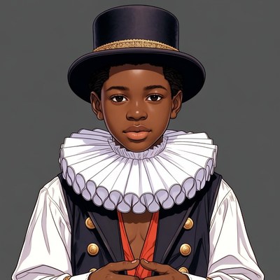 African boy in top hat and ruff collar