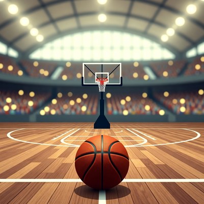 Basketball on Court in Arena
