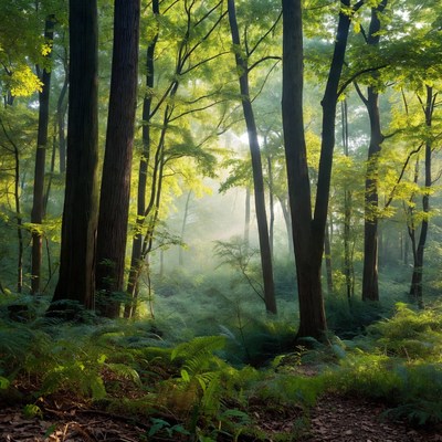 Sunlit Forest Path with Ferns