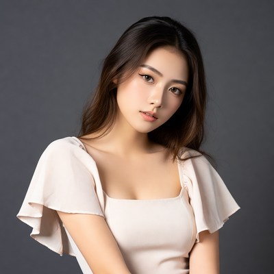 Asian woman in beige off-shoulder top