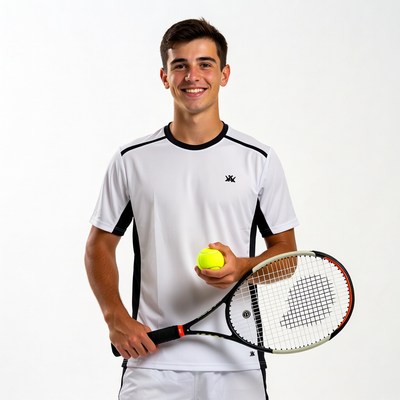 Young man holding tennis racket and ball