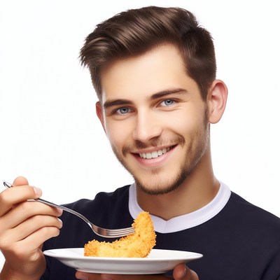 Young man eating fried chicken