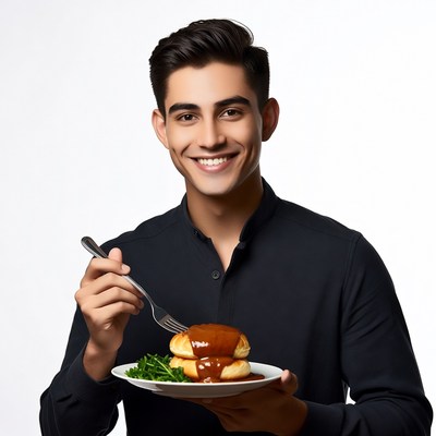 Young man eating burger with fork