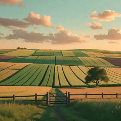 Wooden Gate Path in Rolling Farmlands