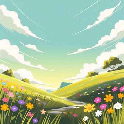 Flower-filled green hills with path