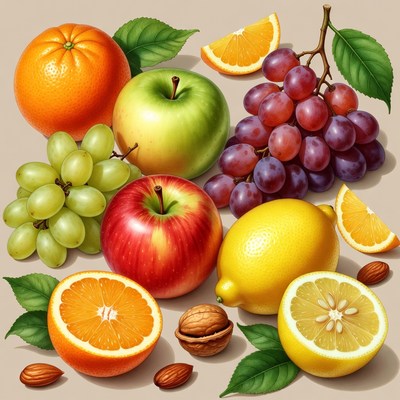 Fresh Fruit and Nuts Still Life