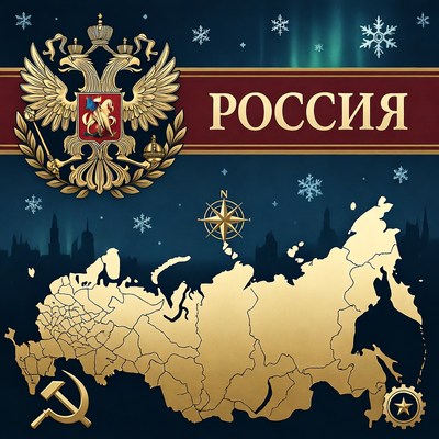 Golden Russia Map with Coat of Arms