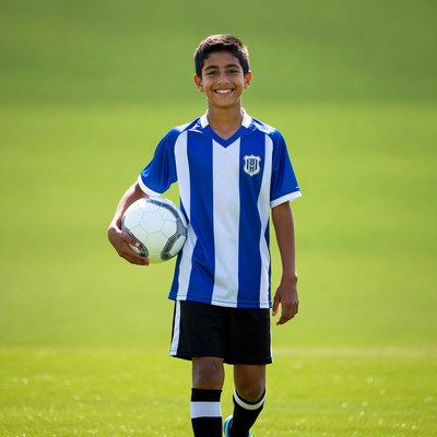 Young boy holding soccer ball on field