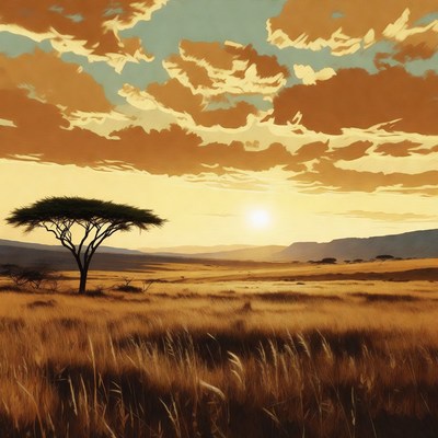 Acacia Tree in African Savanna Sunset