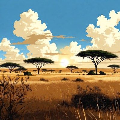 Savanna Landscape with Acacia Trees at Sunset