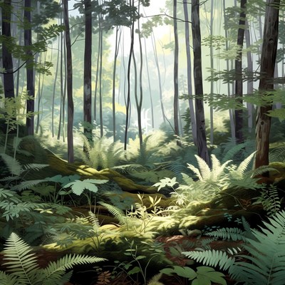 Sunlit Forest with Ferns and Trees