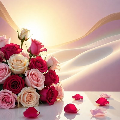 Bouquet of Pink and Red Roses on Desert Sunset