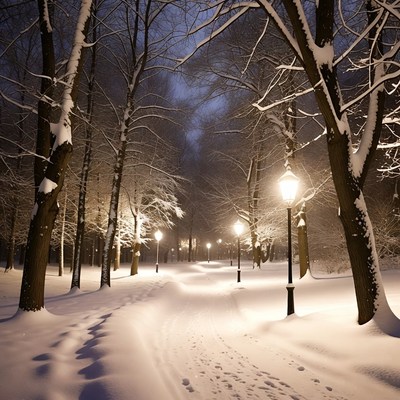 Snowy Path Lined with Lanterns