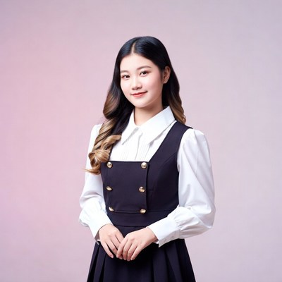 Asian woman in navy pinafore dress