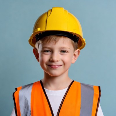 Boy wearing yellow hard hat and vest