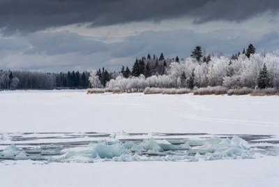 Frozen Lake with Ice Chunks and Snowy Forest