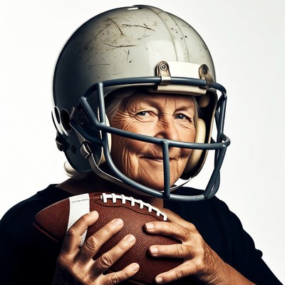 Elderly woman holding football helmet