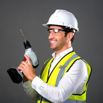 Man holding drill in hard hat