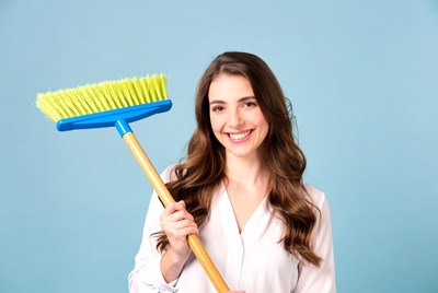 Woman holding yellow broom